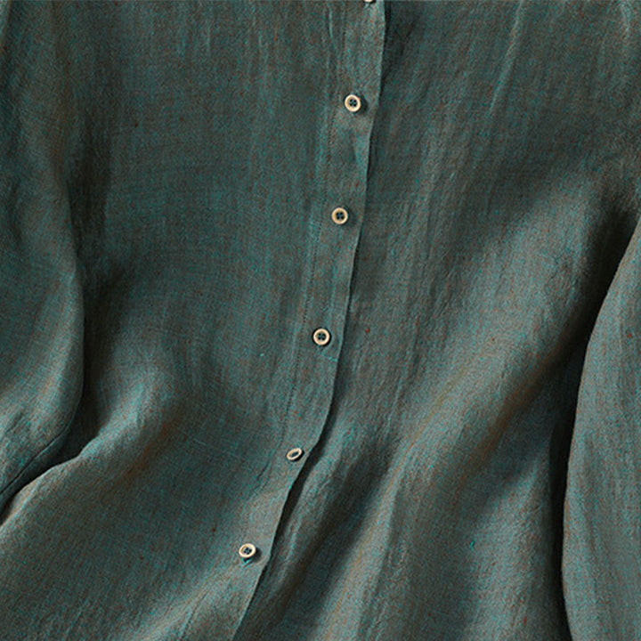 Camisa de lino y algodón para mujer con cuello redondo y volantes, diseño de botones de color liso y Buddha Stones - image 4