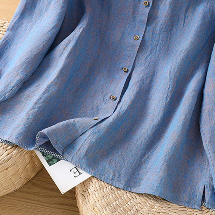 Camisa de lino y algodón para mujer con cuello redondo y volantes, diseño de botones de color liso y Buddha Stones - image 19