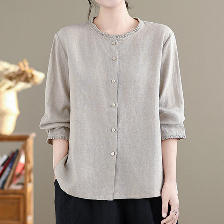 Camisa de mujer con cuello redondo y volantes, diseño de botones de color liso y Buddha Stones para primavera. - image 11