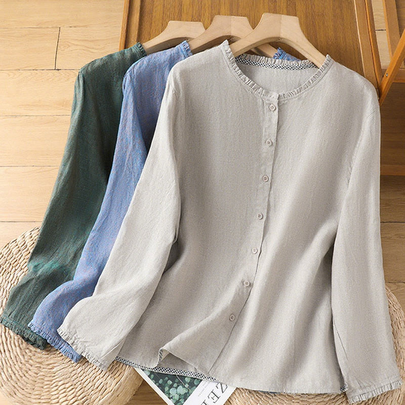 Camisa de lino y algodón para mujer con cuello redondo y volantes, diseño de botones de color liso y Buddha Stones - image 20
