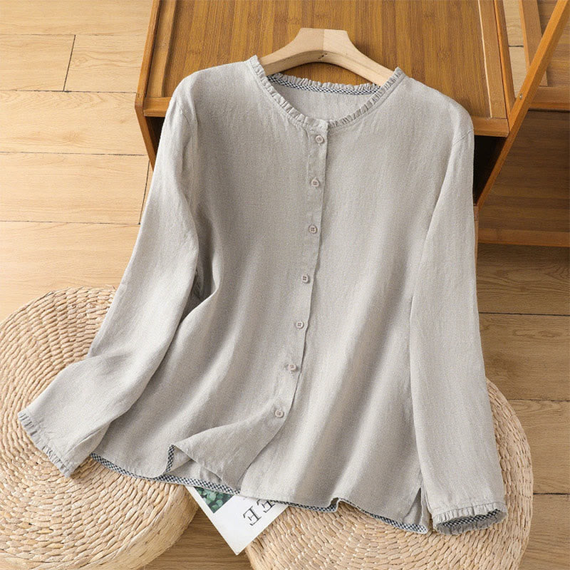 Camisa de lino y algodón para mujer con cuello redondo y volantes, diseño de botones de color liso y Buddha Stones - Plata - US14，UK/AU18，EU46 (2XL) - image 6