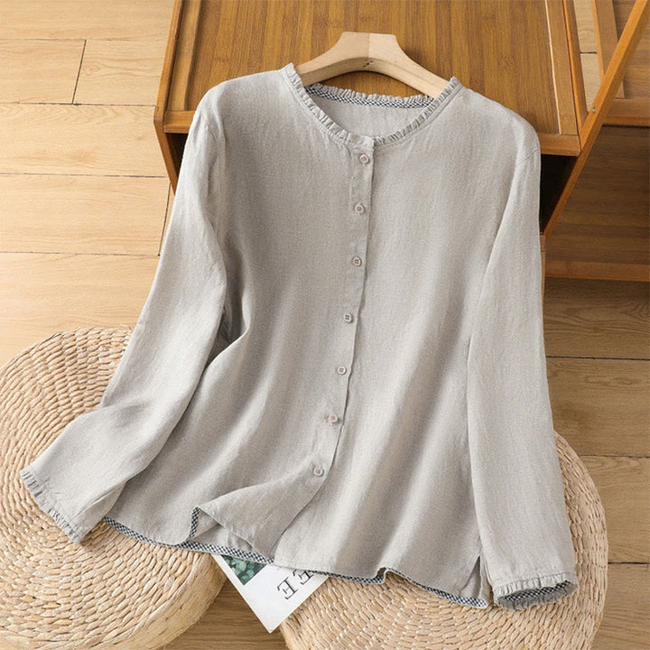 Camisa de lino y algodón para mujer con cuello redondo y volantes, diseño de botones de color liso y Buddha Stones - Plata - US14，UK/AU18，EU46 (2XL) - image 6