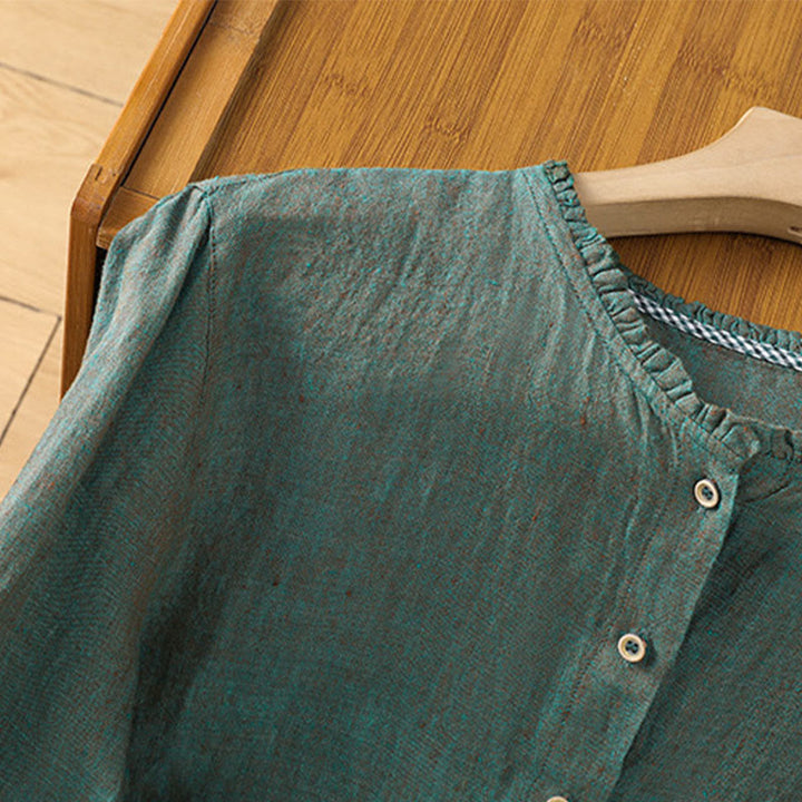 Camisa de mujer con cuello redondo y volantes, diseño de botones de color liso y Buddha Stones para primavera. - image 2
