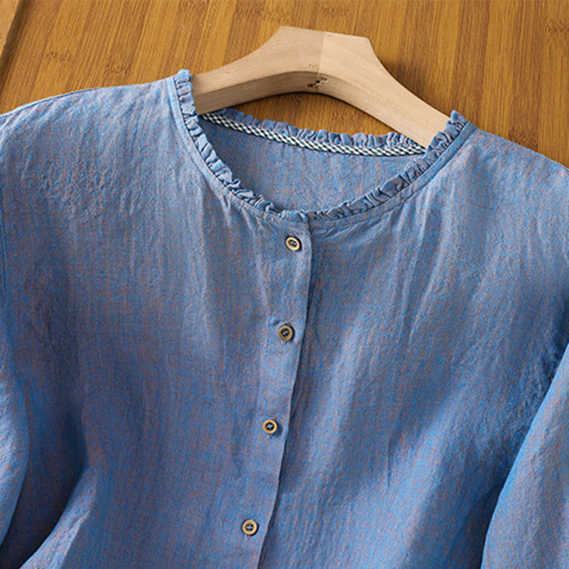 Camisa de lino y algodón para mujer con cuello redondo y volantes, diseño de botones de color liso y Buddha Stones - image 18