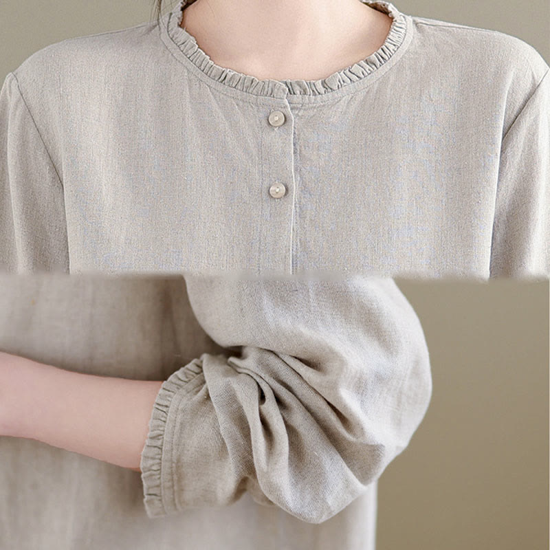 Camisa de lino y algodón para mujer con cuello redondo y volantes, diseño de botones de color liso y Buddha Stones - image 16