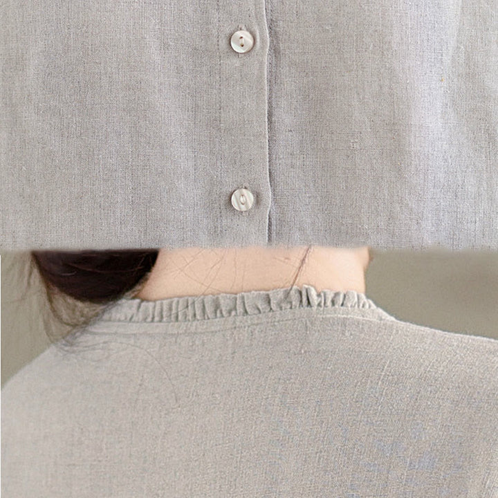 Camisa de lino y algodón para mujer con cuello redondo y volantes, diseño de botones de color liso y Buddha Stones - image 15