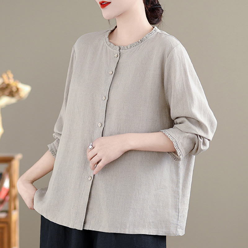 Camisa de lino y algodón para mujer con cuello redondo y volantes, diseño de botones de color liso y Buddha Stones - image 10