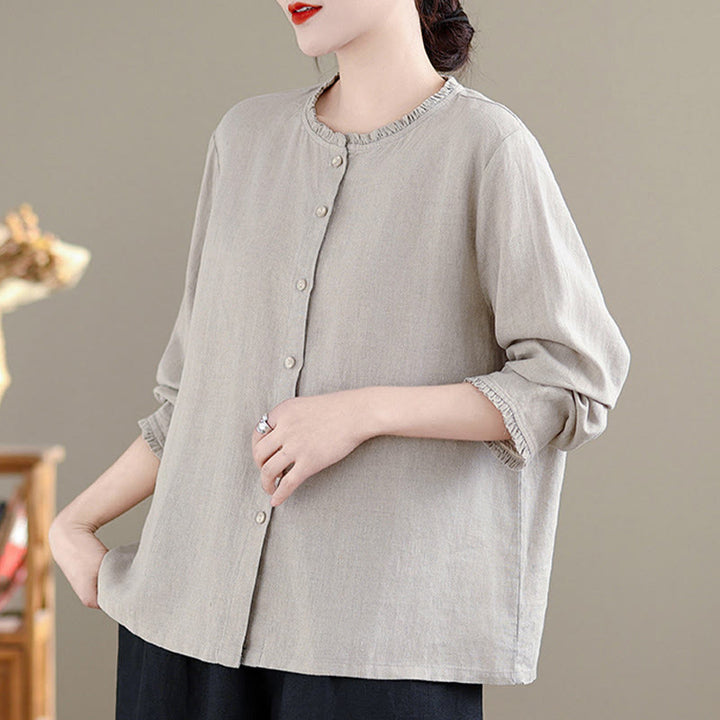 Camisa de lino y algodón para mujer con cuello redondo y volantes, diseño de botones de color liso y Buddha Stones - image 10