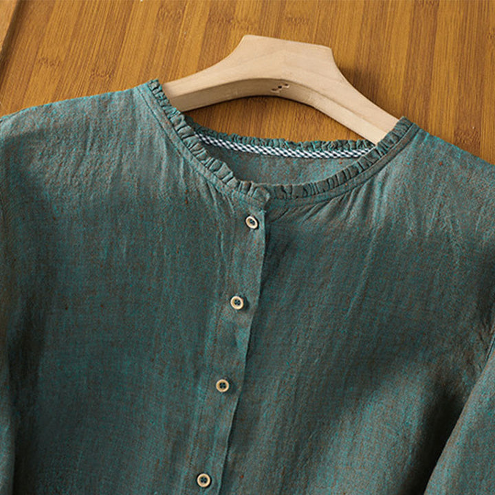 Camisa de mujer con cuello redondo y volantes, diseño de botones de color liso y Buddha Stones para primavera. - image 1