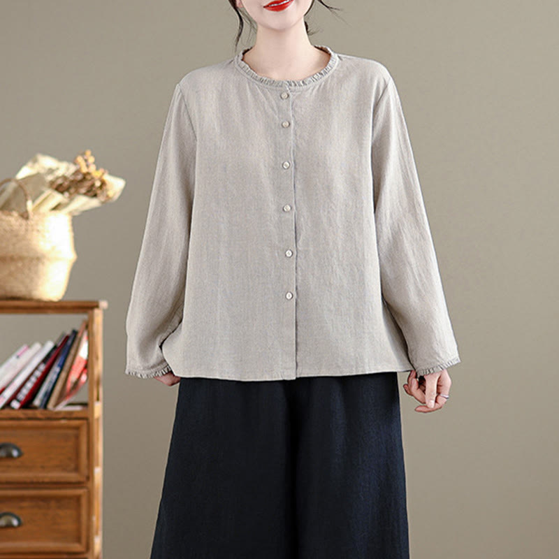 Camisa de lino y algodón para mujer con cuello redondo y volantes, diseño de botones de color liso y Buddha Stones - image 7