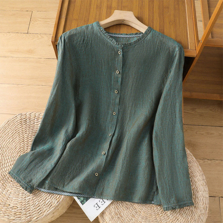 Camisa de lino y algodón para mujer con cuello redondo y volantes, diseño de botones de color liso y Buddha Stones - Verdemar - US14，UK/AU18，EU46 (2XL) - image 1