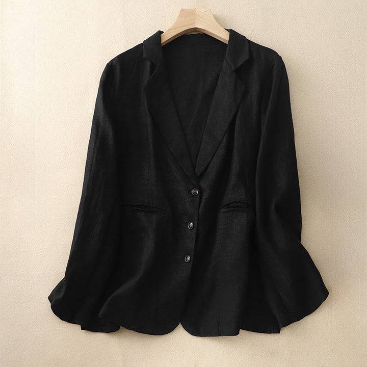 Chaqueta retro de algodón y lino con solapa de color puro para mujer con bolsillos de Buddha Stones Commute - Negro - US14，UK/AU18，EU46 (2XL) - image 4