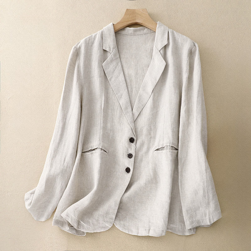 Chaqueta retro de algodón y lino con solapa de color puro para mujer con bolsillos de Buddha Stones Commute - FloralBlanco - US14，UK/AU18，EU46 (2XL) - image 8