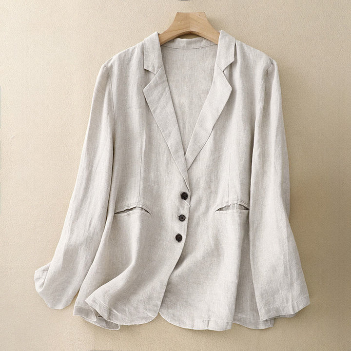 Chaqueta retro de algodón y lino con solapa de color puro para mujer con bolsillos de Buddha Stones Commute - FloralBlanco - US14，UK/AU18，EU46 (2XL) - image 8