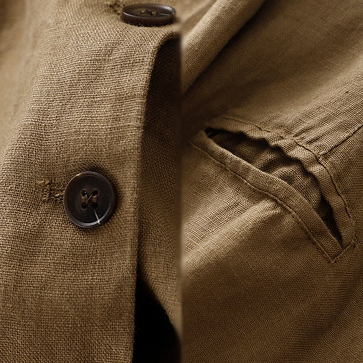 Chaqueta retro de algodón y lino con solapa de color puro para mujer con bolsillos de Buddha Stones Commute - image 3