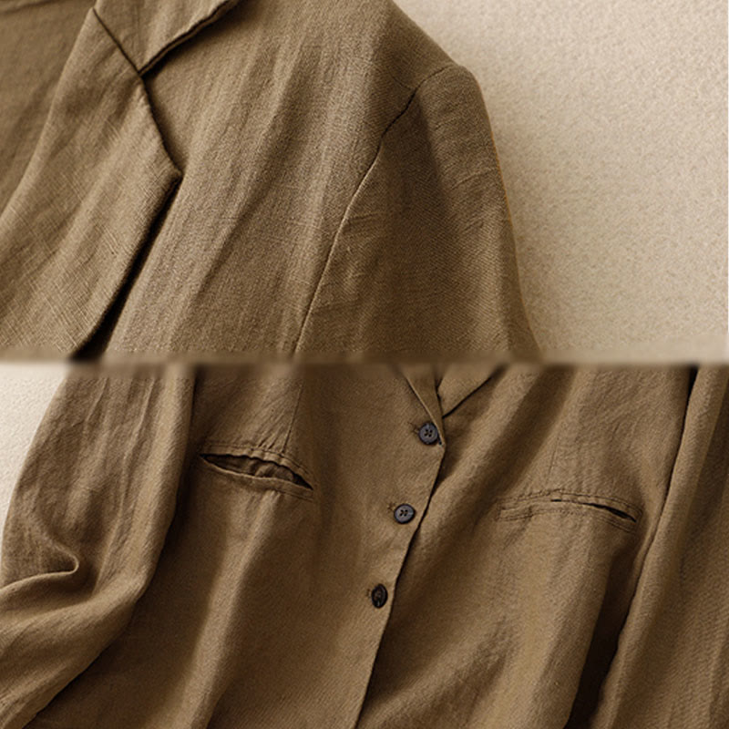 Chaqueta retro de algodón y lino con solapa de color puro para mujer con bolsillos de Buddha Stones Commute - image 2