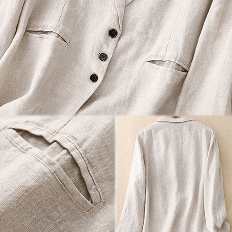 Chaqueta retro de algodón y lino con solapa de color puro para mujer con bolsillos de Buddha Stones Commute - image 13