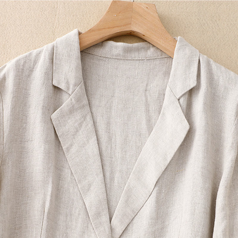Chaqueta retro de algodón y lino con solapa de color puro para mujer con bolsillos de Buddha Stones Commute - image 8