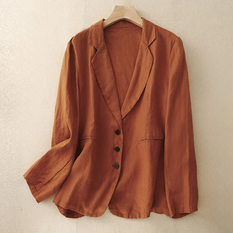 Chaqueta retro de algodón y lino con solapa de color puro para mujer con bolsillos de Buddha Stones Commute - NaranjaRojo - US14，UK/AU18，EU46 (2XL) - image 13