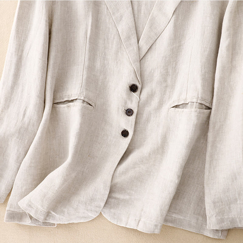 Chaqueta retro de algodón y lino con solapa de color puro para mujer con bolsillos de Buddha Stones Commute - image 12