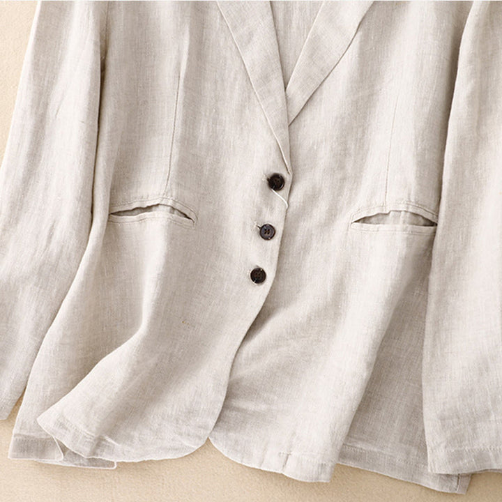 Chaqueta retro de algodón y lino con solapa de color puro para mujer con bolsillos de Buddha Stones Commute - image 12