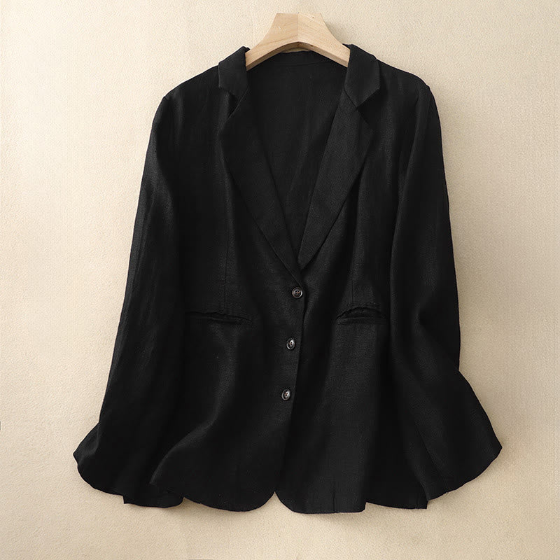 Chaqueta retro de algodón y lino con solapa de color puro para mujer con bolsillos de Buddha Stones Commute - Negro - US14，UK/AU18，EU46 (2XL) - image 5