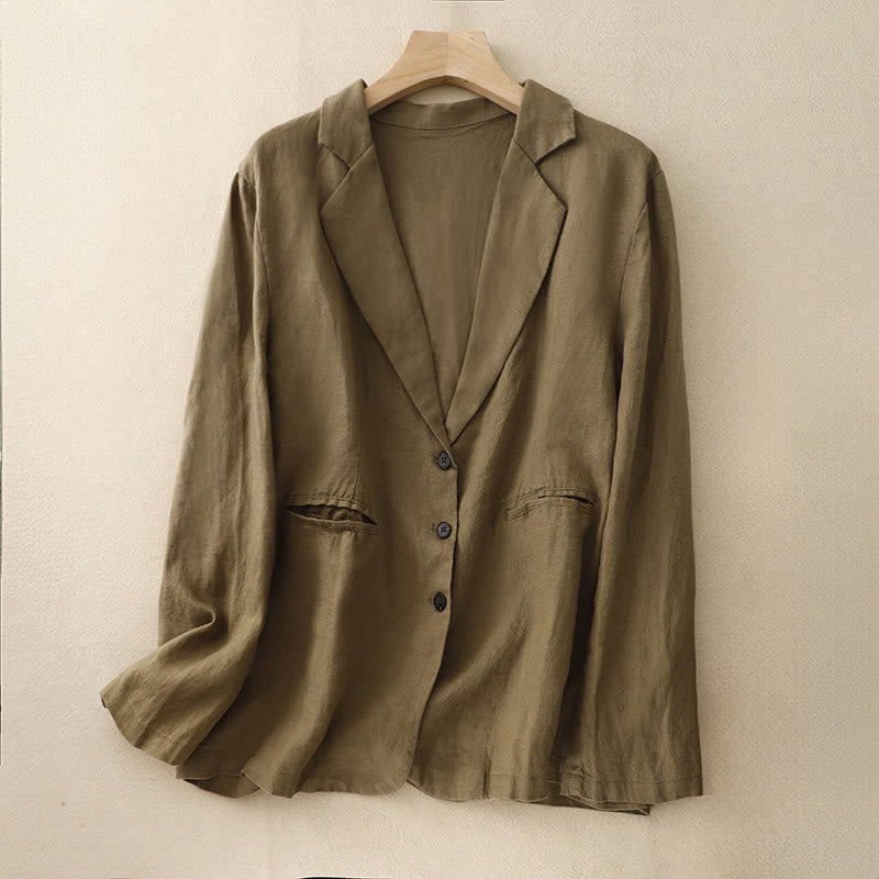 Chaqueta retro de algodón y lino con solapa de color puro para mujer con bolsillos de Buddha Stones Commute - Vara de oro oscura - US14，UK/AU18，EU46 (2XL) - image 1