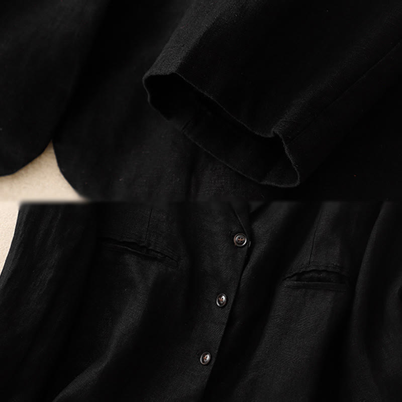 Chaqueta retro de algodón y lino con solapa de color puro para mujer con bolsillos de Buddha Stones Commute - image 6