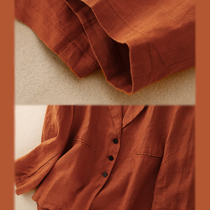 Chaqueta retro de algodón y lino con solapa de color puro para mujer con bolsillos de Buddha Stones Commute - image 16