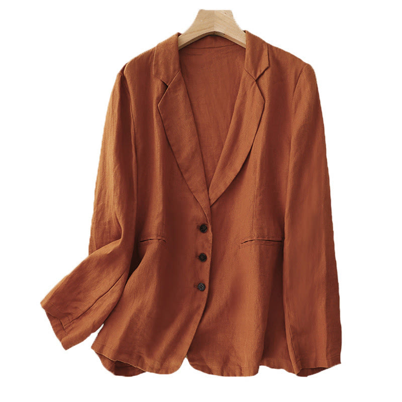 Chaqueta retro de algodón y lino con solapa de color puro para mujer con bolsillos de Buddha Stones Commute - image 17