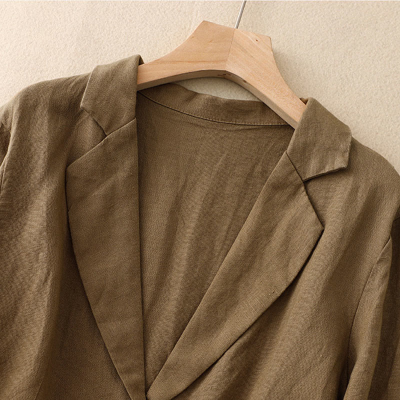 Chaqueta retro de algodón y lino con solapa de color puro para mujer con bolsillos de Buddha Stones Commute - image 1