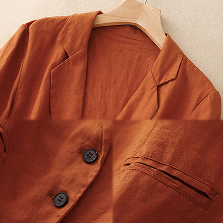 Chaqueta retro de algodón y lino con solapa de color puro para mujer con bolsillos de Buddha Stones Commute - image 15