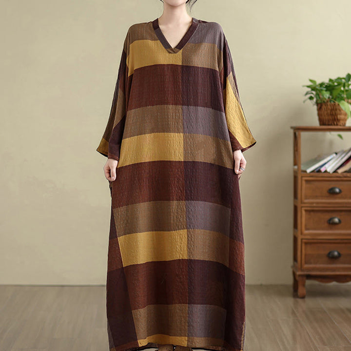 Vestido largo de lino y algodón para mujer con estampado de cuadros escoceses y Buddha Stones , con bolsillos - image 3