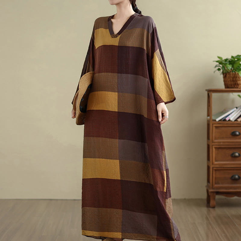Vestido largo de lino y algodón para mujer con estampado de cuadros escoceses y Buddha Stones , con bolsillos - image 4