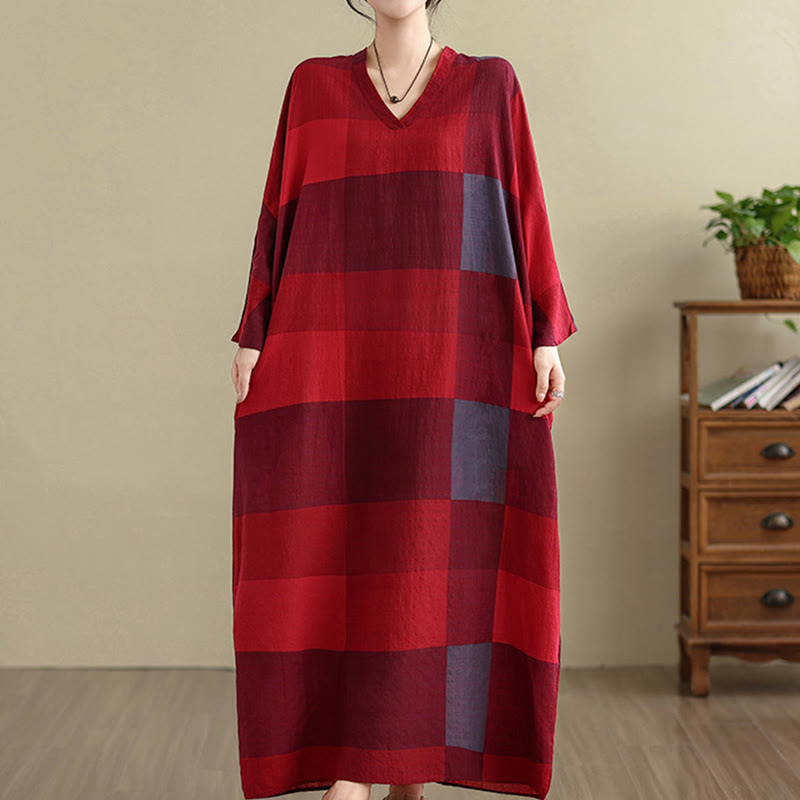 Vestido largo de lino y algodón para mujer con estampado de cuadros escoceses y Buddha Stones , con bolsillos - image 8