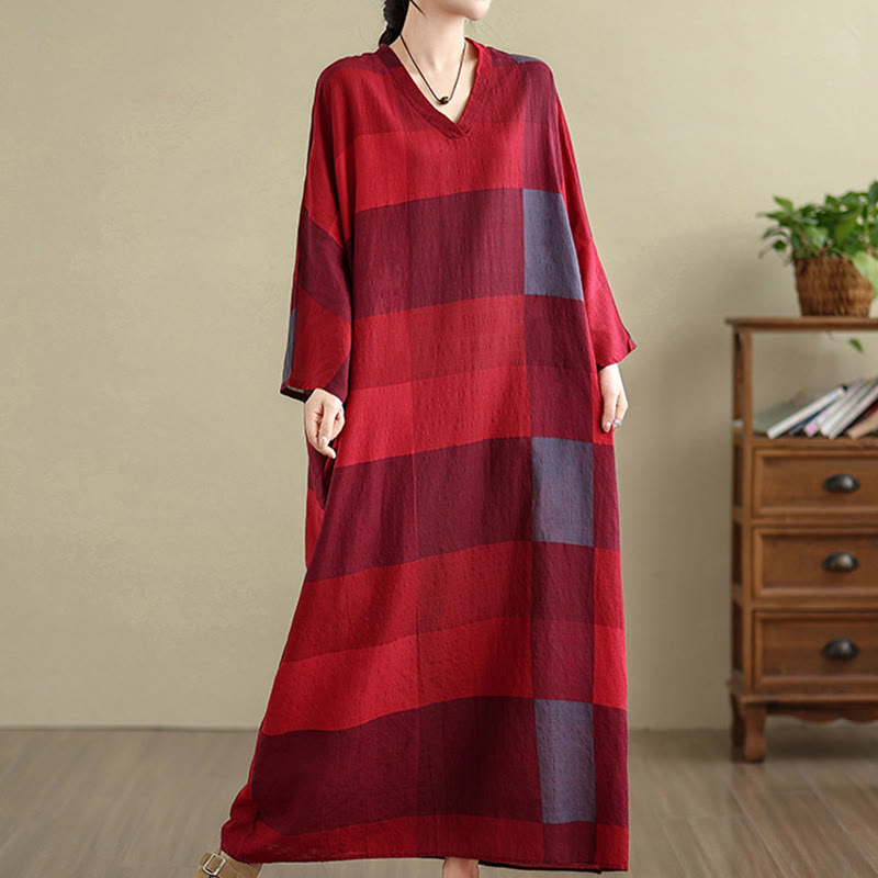 Vestido largo de lino y algodón para mujer con estampado de cuadros escoceses y Buddha Stones , con bolsillos - image 12
