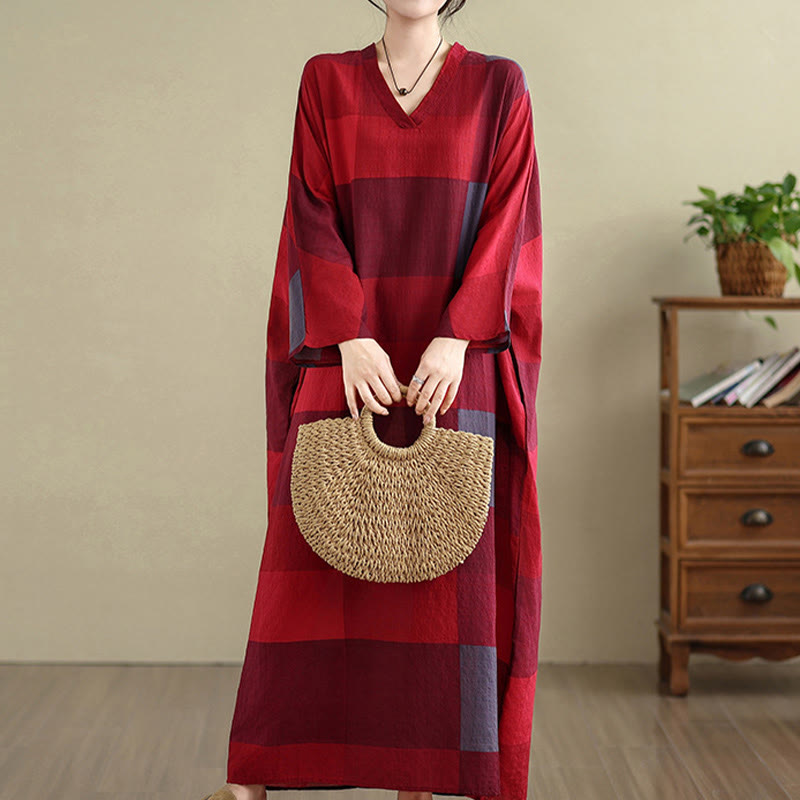 Vestido largo de lino y algodón para mujer con estampado de cuadros escoceses y Buddha Stones , con bolsillos - Ladrillo refractario - US4-12, UK/AU8-16, EU36-44 (F) - image 6