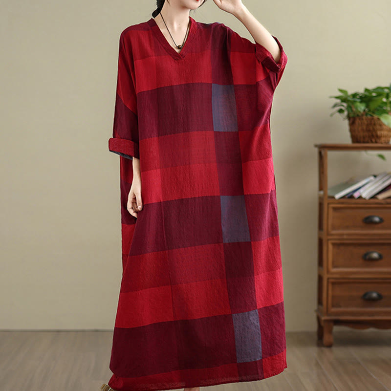 Vestido largo de lino y algodón para mujer con estampado de cuadros escoceses y Buddha Stones , con bolsillos - image 13