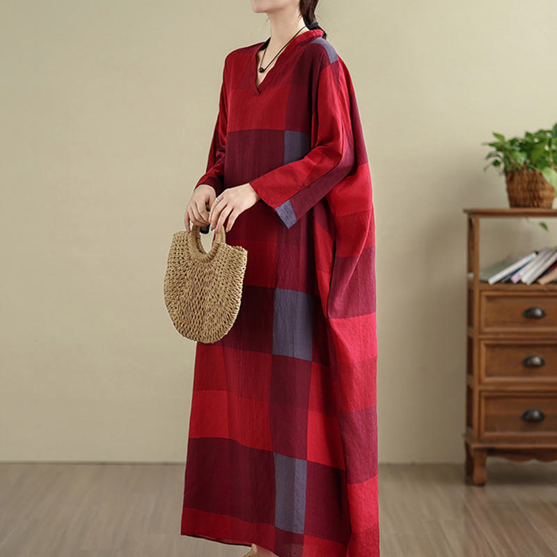 Vestido largo de lino y algodón para mujer con estampado de cuadros escoceses y Buddha Stones , con bolsillos - image 11