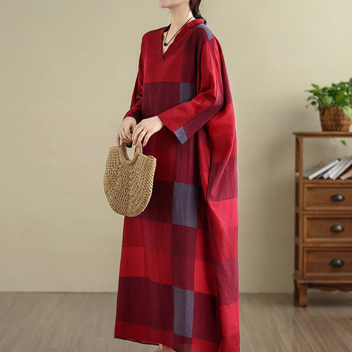 Vestido largo de lino y algodón para mujer con estampado de cuadros escoceses y Buddha Stones , con bolsillos - image 11