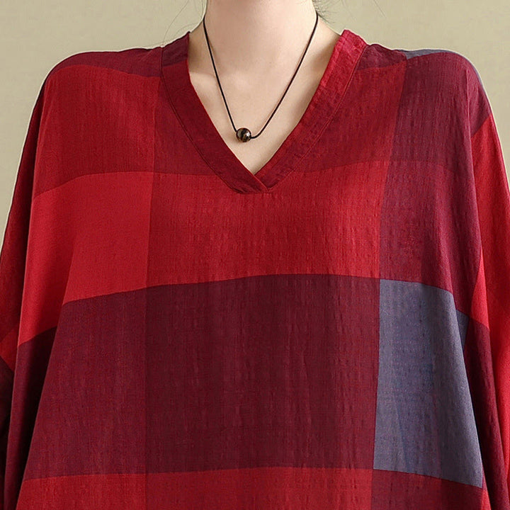 Vestido largo de lino y algodón para mujer con estampado de cuadros escoceses y Buddha Stones , con bolsillos - image 15