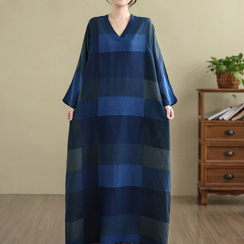 Vestido largo de lino y algodón para mujer con estampado de cuadros escoceses y Buddha Stones , con bolsillos - image 19