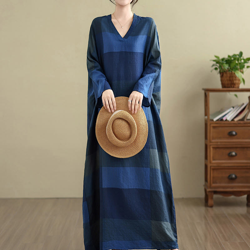 Vestido largo de lino y algodón para mujer con estampado de cuadros escoceses y Buddha Stones , con bolsillos - Azul medianoche - US4-12, UK/AU8-16, EU36-44 (F) - image 17