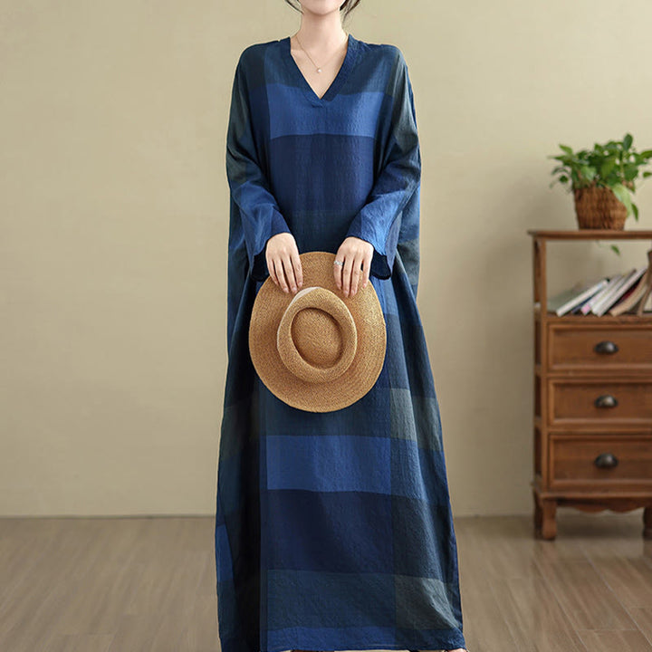 Vestido largo de lino y algodón para mujer con estampado de cuadros escoceses y Buddha Stones , con bolsillos - Azul medianoche - US4-12, UK/AU8-16, EU36-44 (F) - image 17