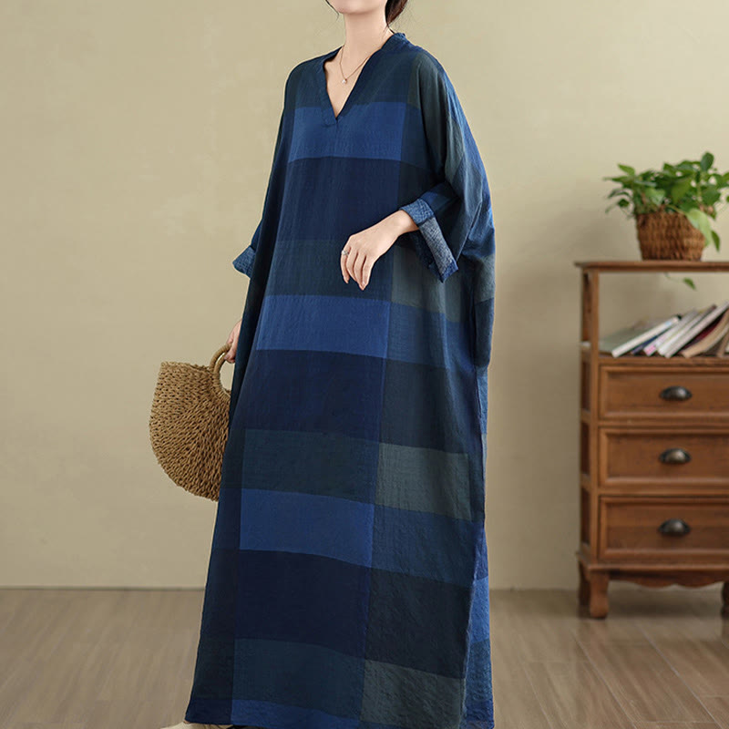 Vestido largo de lino y algodón para mujer con estampado de cuadros escoceses y Buddha Stones , con bolsillos - image 21