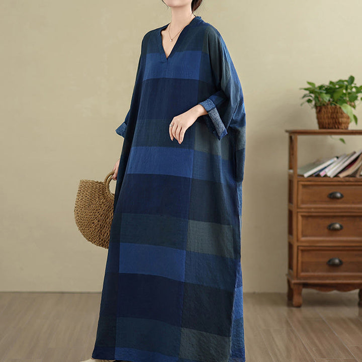 Vestido largo de lino y algodón para mujer con estampado de cuadros escoceses y Buddha Stones , con bolsillos - image 21