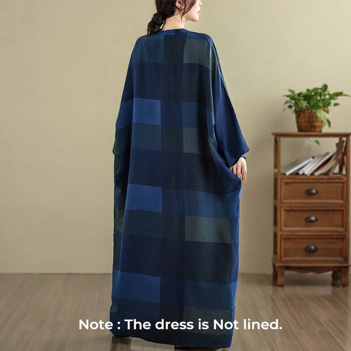 Vestido largo de lino y algodón para mujer con estampado de cuadros escoceses y Buddha Stones , con bolsillos - image 18