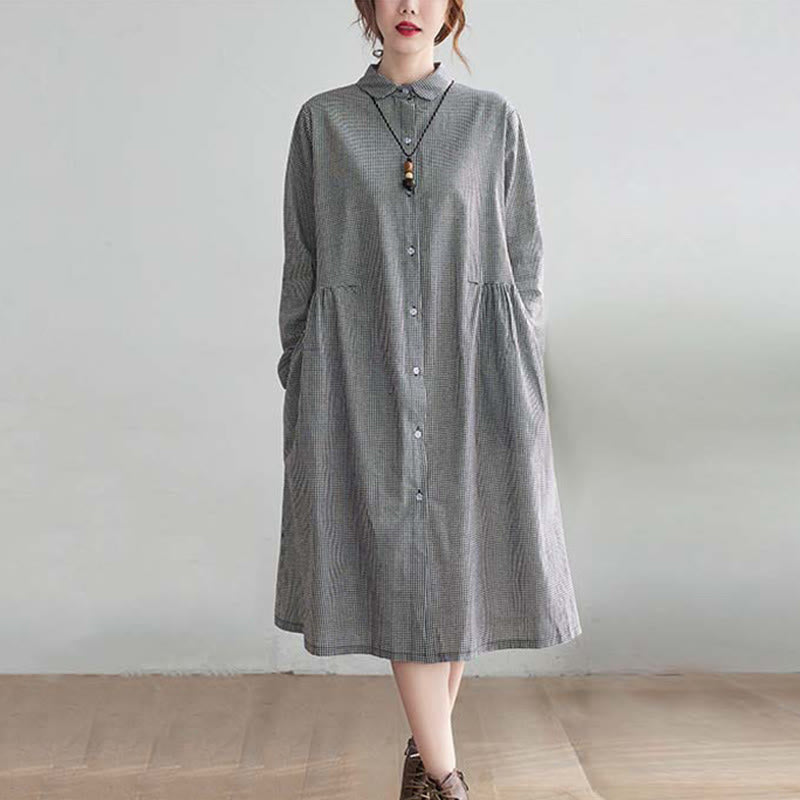 Vestido midi de algodón y lino con estampado de cuadrícula pequeña de Buddha Stones y bolsillos para mujer - Gris pizarra claro - US8-10，UK/AU12-14，EU40-42 (2XL) - image 4