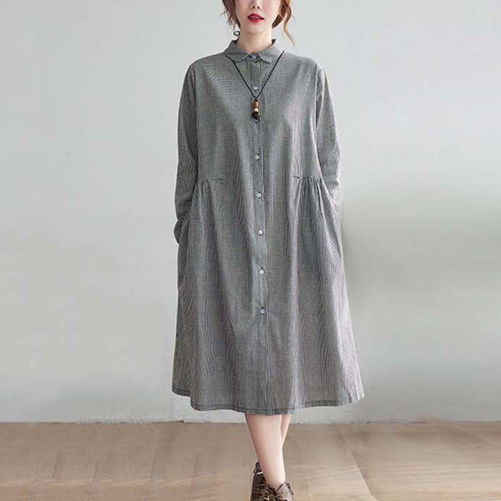 Vestido midi de algodón y lino con estampado de cuadrícula pequeña de Buddha Stones y bolsillos para mujer - Gris pizarra claro - US8-10，UK/AU12-14，EU40-42 (2XL) - image 4
