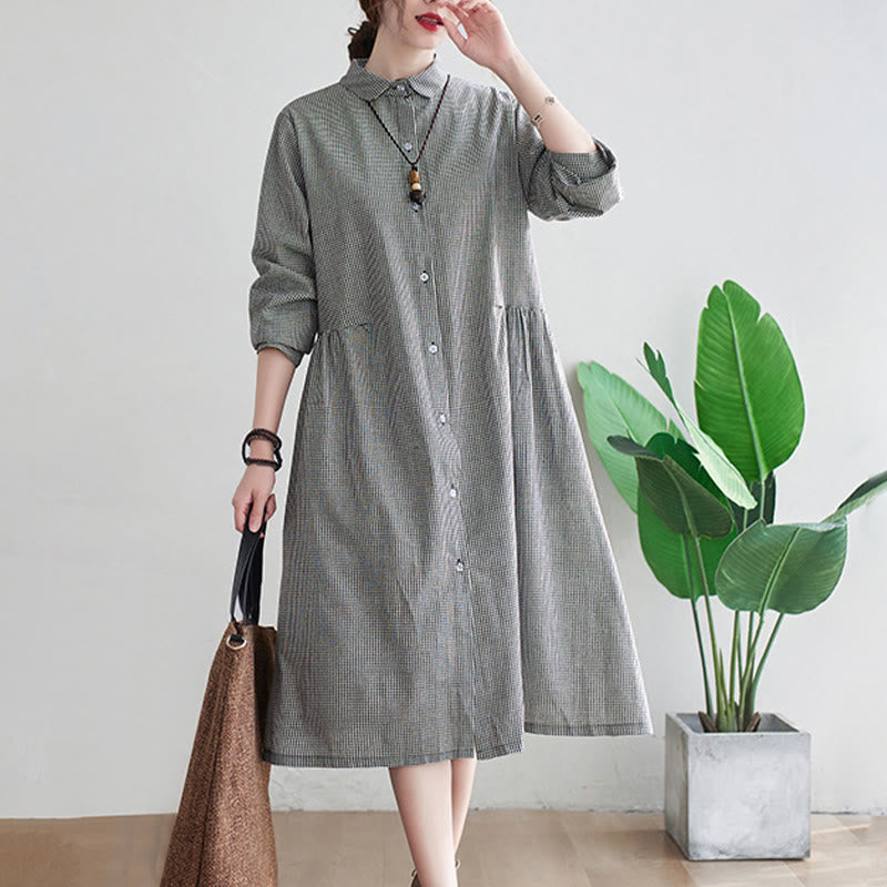 Vestido midi de algodón y lino con estampado de cuadrícula pequeña de Buddha Stones y bolsillos para mujer - image 11